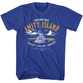 Jaws-Jaws Greeting From Amity Island-Royal Adult S/S T-Shirt - Royal