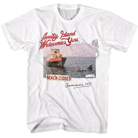 Jaws-Jaws Beach Closed Summer 1975-White Adult S/S T-Shirt - White