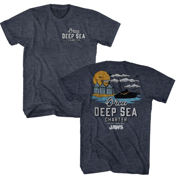Jaws-Jaws Orca Charters Illustrated-Navy Heather Adult S/S T-Shirt ***F&B*** - Navy Heather