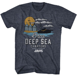 Jaws-Jaws Orca Charters Illustrated-Navy Heather Adult S/S T-Shirt - Navy Heather