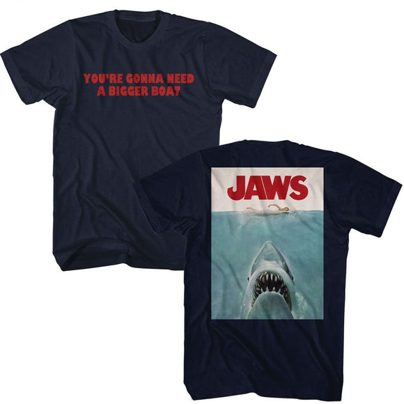 Jaws-Jaws Bigger Boat Front And Back-Navy Adult S/S T-Shirt S ***F&B*** - Navy
