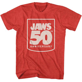 Jaws-Jaws 50Th Anniversary-Red Heather Adult S/S T-Shirt - Red Heather