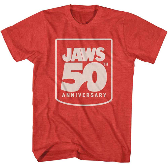Jaws-Jaws 50Th Anniversary-Red Heather Adult S/S T-Shirt - Red Heather