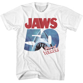 Jaws-Jaws 50 Years Of Terror-White Adult S/S T-Shirt - White