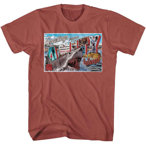 Jaws-Jaws Amity Island Postcard-Terracotta Adult S/S T-Shirt - Terracotta