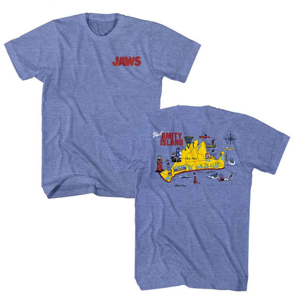 Jaws-Jaws Amity Island Map-Light Blue Heather Adult S/S T-Shirt ***F&B***-S - Light Blue Heather