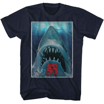 Jaws-Jaws 50Th Poster-Navy Adult S/S T-Shirt - Navy