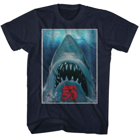 Jaws-Jaws 50Th Poster-Navy Adult S/S T-Shirt - Navy