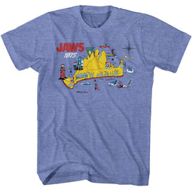 Jaws-Jaws 75 Island Map-Light Blue Heather Adult S/S T-Shirt - Light Blue Heather