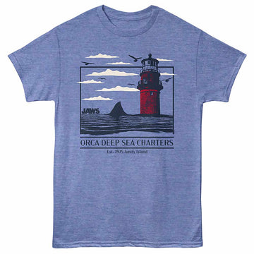 Jaws Orca Deep Sea Charters Light Blue Heather Adult T-Shirt