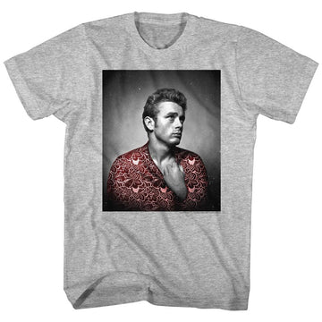 James Dean-Red Flower Print-Gray Heather Adult S/S T-Shirt - Gray Heather