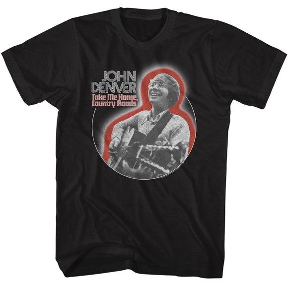 John Denver-John Denver Playing Guitar Circle-Black Adult S/S T-Shirt - Black