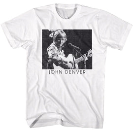 John Denver-John Denver Playing Guitar Bw-White Adult S/S T-Shirt - White