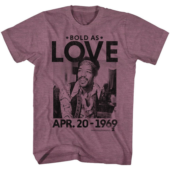 Jimi Hendrix-Bold As Love-Vintage Maroon Heather Adult S/S T-Shirt - Vintage Maroon Heather