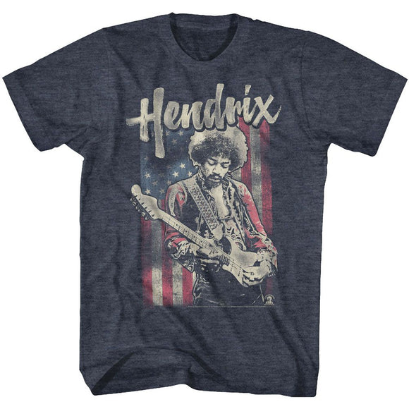 Jimi Hendrix-Flag Hendrix-Navy Heather Adult S/S T-Shirt - Navy Heather