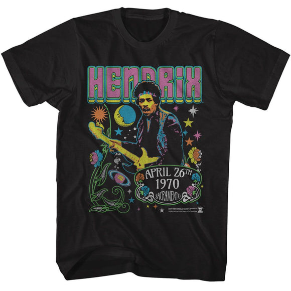Jimi Hendrix-Jimi Hendrix Stars And Flowers-Black Adult S/S T-Shirt - Black