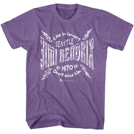 Jimi Hendrix-Jimi Hendrix Seattle 70 Lightning-Purple Heather Adult S/S T-Shirt - Purple Heather
