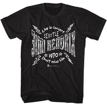 Jimi Hendrix-Jimi Hendrix Seattle 70 Lightning-Black Adult S/S T-Shirt - Black