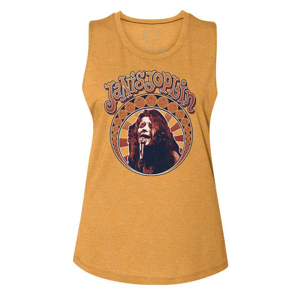 Janis Joplin-Nouveau Circle-Antique Gold Ladies Muscle Tank-S - Antique Gold
