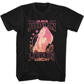 Janis Joplin-Live In Concert Stars-Black Adult S/S T-Shirt - Black