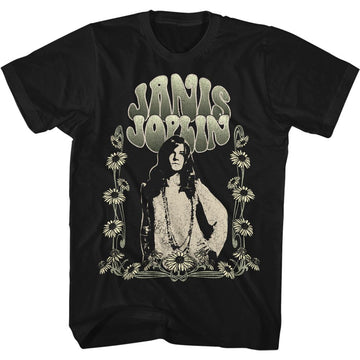 Janis Joplin-Art Nouveau Sunflowers-Black Adult S/S T-Shirt - Black