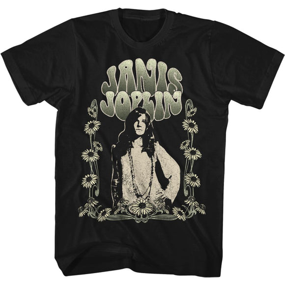 Janis Joplin-Art Nouveau Sunflowers-Black Adult S/S T-Shirt - Black