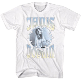Janis Joplin-Janis Joplin Circle With Stars-White Adult S/S T-Shirt - White