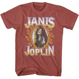 Janis Joplin-Janis Joplin Floral Frame-Terracotta Adult S/S T-Shirt - Terracotta