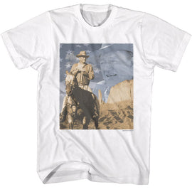 John Wayne-John Wayne Flag And Horse-White Adult S/S T-Shirt - White