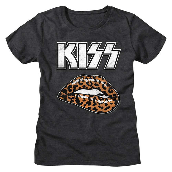 Kiss-Leopard Lip-Dark Gray Heather Ladies S/S T-Shirt - Dark Gray Heather