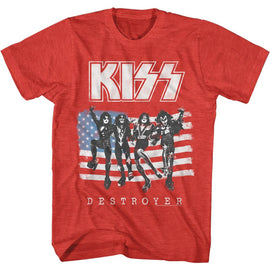 Kiss-American Flag Kiss-Red Heather Adult S/S T-Shirt - Red Heather