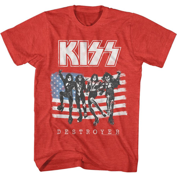 Kiss-American Flag Kiss-Red Heather Adult S/S T-Shirt - Red Heather