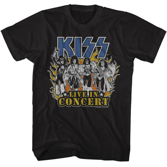 Kiss-Kiss Live In Flames-Black Adult S/S T-Shirt - Black