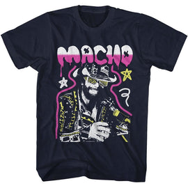Macho Man-Macho Man Graffiti Distressed-Navy Adult S/S T-Shirt - Navy