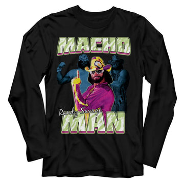 Macho Man-Macho Man Three Photos Collage-Black Adult L/S T-Shirt - Black