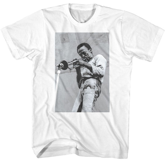 Miles Davis-Miles Davis Trumpet Into Mic-White Adult S/S T-Shirt - White