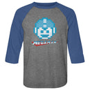 Mega Man-Megaface-Premium Heather/Vintage Royal Adult 3/4 Sleeve Raglan-S - Premium Heather/Vintage Royal