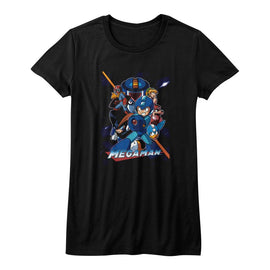 Mega Man-Collage Orange Beam-Black Ladies S/S T-Shirt - Black