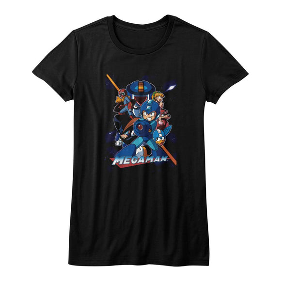 Mega Man-Collage Orange Beam-Black Ladies S/S T-Shirt - Black