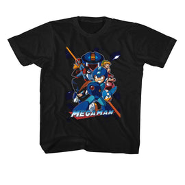 Mega Man Collage Orange Beam-Black Youth S/S T-Shirt (7-8) - Black