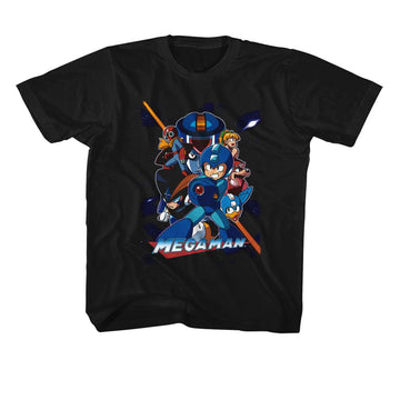 Mega Man Collage Orange Beam-Black Youth S/S T-Shirt-Xs (5-6) - Black
