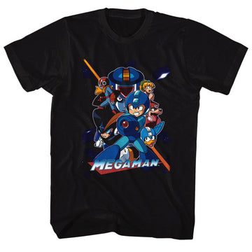 Mega Man-Collage Orange Beam-Black Adult S/S T-Shirt - Black