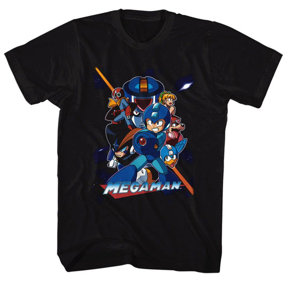 Mega Man-Collage Orange Beam-Black Adult S/S T-Shirt - Black