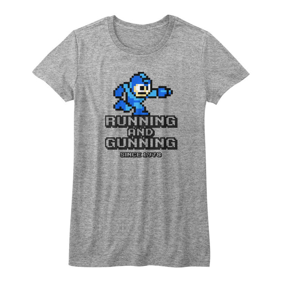 Mega Man-Running And Gunning-Athletic Heather Ladies S/S T-Shirt - Athletic Heather