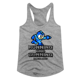 Mega Man-Running And Gunning-Gray Heather Ladies Slimfit Racerback-S - Gray Heather
