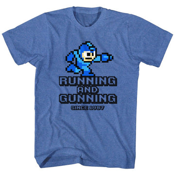 Mega Man-Running And Gunning-Royal Heather Adult S/S T-Shirt - Royal Heather