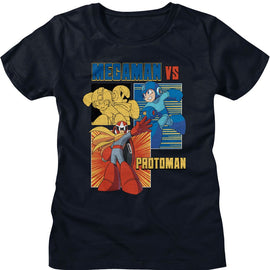 Mega Man-Mega Man Vs Protoman-Navy Ladies S/S T-Shirt - Navy