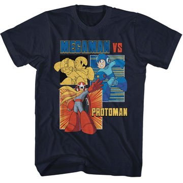 Mega Man-Mega Man Vs Protoman-Navy Adult S/S T-Shirt - Navy