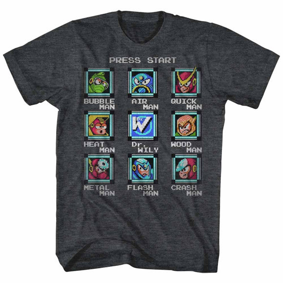 Mega Man-Stage Select-Black Heather Adult S/S T-Shirt - Black Heather