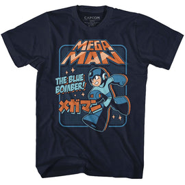 Mega Man-Graphic Blu Bomber-Navy Adult S/S T-Shirt - Navy